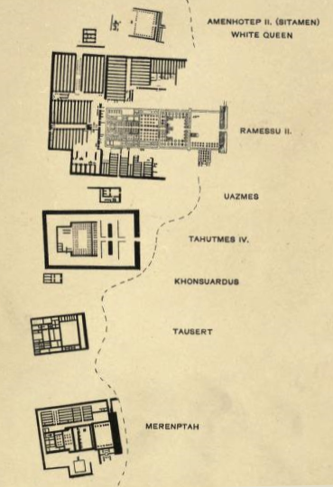 Petrie' original plan from his 1897 report Six Temples at Thebes showing the Temple of Merenptah at the bottom.