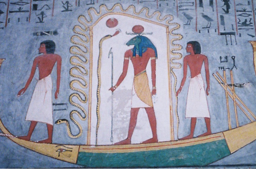 Figure. Heka attending Khnum. Heka appears directly behind the chamber room of Khnum, on the right-hand side, holding the snake’s tail. His hieroglyphic name is to the right of his shoulder. From the burial chamber in the tomb of Ramses I on the West Bank, Luxor.