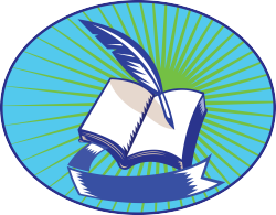 Illustrated open book with quill pen