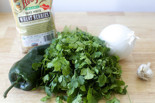 wheat berries, onion, garlic, poblano and the devil's herb