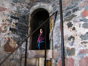 The author in the porter's nook at Iona Abbey.