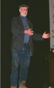 John Jeavons giving a free lecture at Eastern Mennonite University in Harrisonburg, Virginia, the evening before a 3 -Day Workshop in 2008.