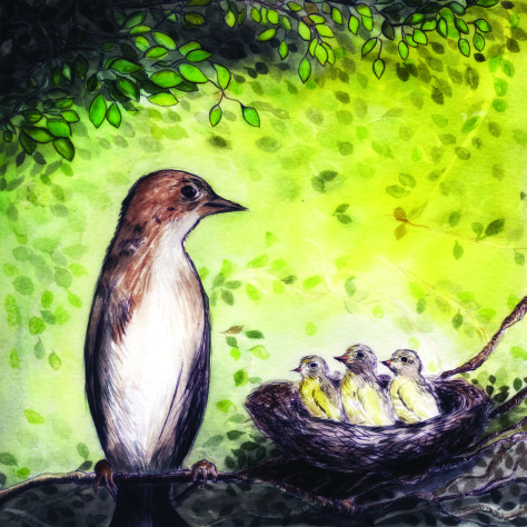 Mother bird is so frustrated with her little birdies. They don't want barfed-up worms again!