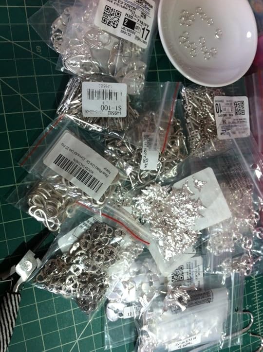 Decisions, Decisions! This is a small collection of some of the charms I use on the various swags, including bookmarks. Upper left is a dish of jumprings, which are essential to putting together the swag. You'll need open jumprings rather than closed/soldered ones.