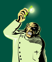 Sketch of a mad scientist holding a green test tube - a science fiction thought experiment
