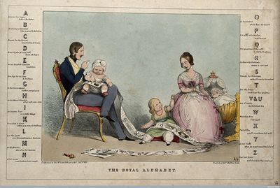 Prince Albert and Queen Victoria instructing their children in the alphabet