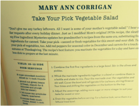 Page from the MWA Cookbook with Mary Ann Corrigan's vegetable salad recipe