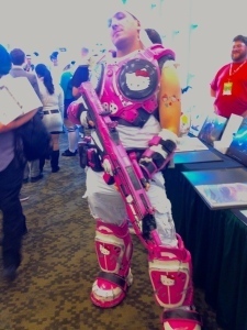 photo of a man in hello kitty armor
