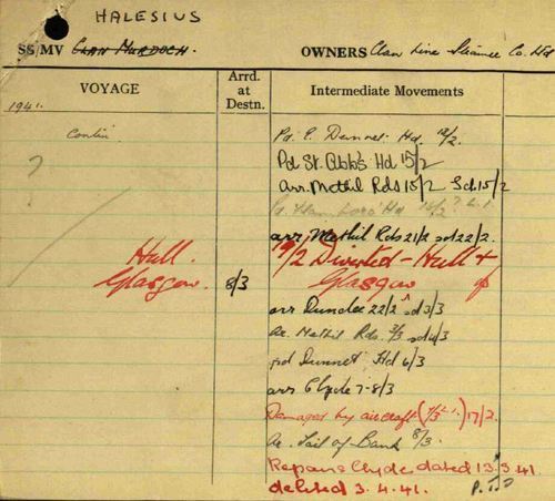 A page from the Ship Movement Card for Clan Murdoch (renamed Halesius after the war) in the UK National Archives, showing damage by aircraft on 17 February 1941 (the incident having been noted several days later in port, on 7 March).