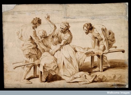 An epileptic or sick person having a fit on a stretcher, two men try to restrain him. Ink drawing attributed J. Jouvenet. CC BY 4.0 via Wellcome Library, London.