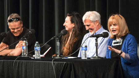 Ig Nobel winner Eleanor Maguire, right, speaks during a forum with students at the University of Arizona. Renowned brain scientists — from left, Edvard Moser, May-Britt Moser, John O’Keefe and Maguire — are visiting the UA campus to speak about their careers. Photo by Ron Medvescek / Arizona Daily Star.