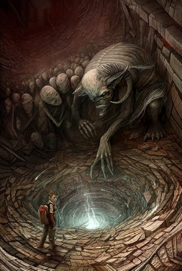 A demon monster stands over a deep glowing cavern, surrounded by other, bandaged monsters. A boy is in front of them and does not see them.