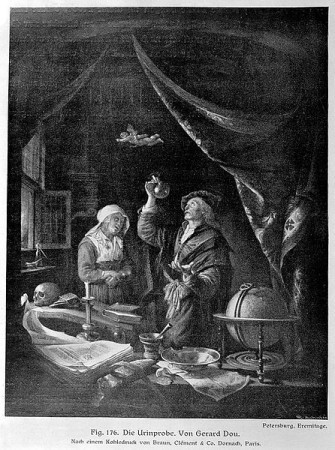 Doctor_examining_urine_of_a_woman_patient._Wellcome_L0000966