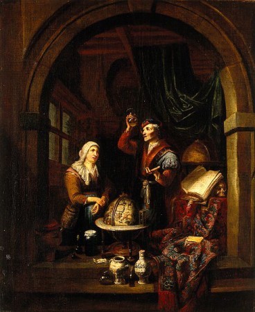 A_physician_examining_a_urine-flask._Oil_painting_by_Gerard_Wellcome_V0017296
