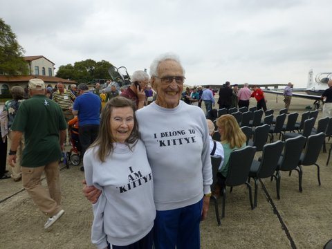 At the 560th FTS, Hangar 12 Randolph AFB, TX, with Lee���s young friends, Colin and Kittye Surrette. Colin is 92 and was a heroic aviator in WW II and Korea. He joins the event every year as a special guest at the Freedom Flyer Reunion in San Antonio. Colin and Kittye (88) walk four miles a day in a nearby mall and have done this for many years. His energy and love of life is inspiring to everyone. 