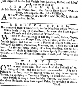 Rebecca Steel, advertisement, Pennsylvania Gazette, Oct. 9, 1766.