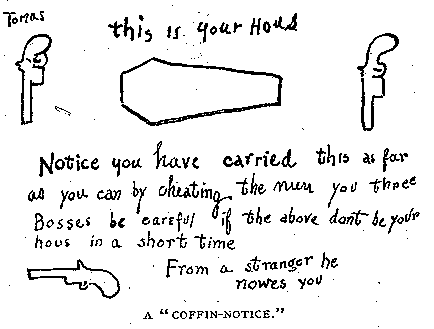 A Coffin Notice allegedly created by the Molly Maguires in Schuylkill County, Pennsylvania in 1875 (Wikipedia)