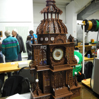 A large 3D printed clock tower on display.
