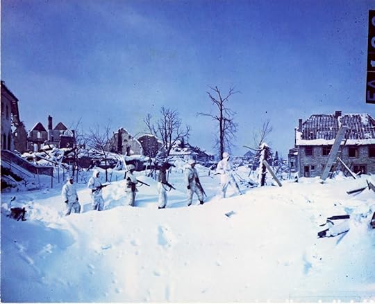Snowsuited Soldiers Walk through the Snow Covered Streets of St. Vith, Belgium