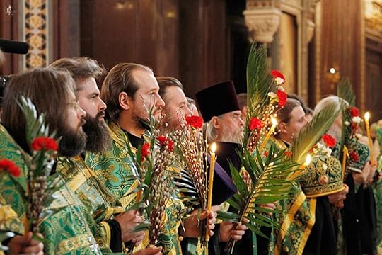 Palm Sunday in Moscow (2011); the clergy are holding festive bundles of palm fronds and pussy willows.