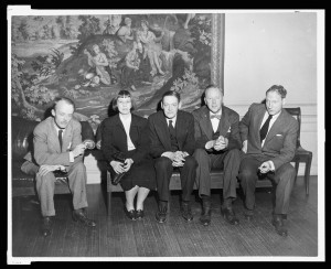 From left, poets Allen Tate, Léonie Adams, T.S. Eliot, Theodore Spencer and Robert Penn Warren attend the annual meeting of the Fellows of the Library of Congress in American Letters, November 1948. Prints and Photographs Division.