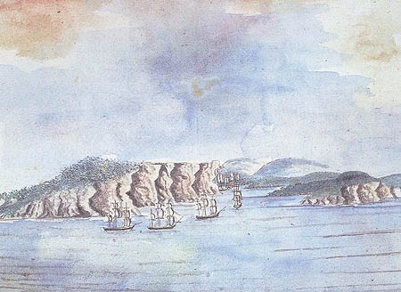 The First Fleet arriving in Sydney Harbour, by William Bradley 1788 (australianhistory.org)