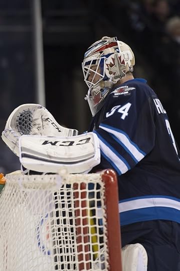 Michael Hutchinson won the final game of the season as Ondrej Pavelec had the night off (Photo by Jeff Miller)