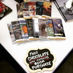 Red Hen Press had chocolate bars wrapped in replicas of book covers