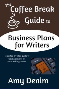 Cover of the Coffee Break Guide to Business Plans is brown on top with the title and a stylized coffee cup in white; the bottom is blue with a small picture of a part of a keyboard. Where the enter or return button should be is a key that shows a picture of a coffee cup and says coffee break.