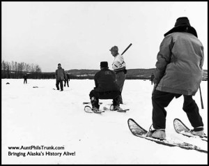 Alaskans play baseball in all seasons, as seen by this photograph taken in the 1960s during winter. Snowshoes pose an extra challenge.