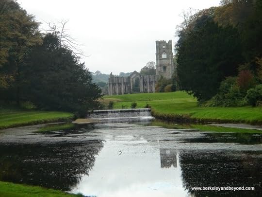 View of Fountains Abbey from Water Garden in Ripon, North Yorkshire, England
