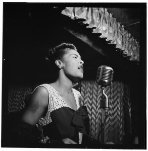 This portrait of Billie Holliday performing in a New York nightclub appeared in Down Beat magazine in 1947. William P. Gottlieb, Gottlieb Collection, Music Division.