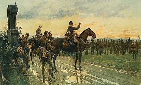  Fortunino Matania's painting of Father Francis Gleeson (1884–1959), Blessing the Royal Munster Fusiliers at Rue du Bois, before the Battle of Aubers Ridge. 