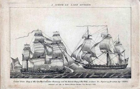 A scene on Lake Ontario - United States sloop of war Gen. Pike, Commodore Chauncey, and the British sloop of war Wolfe, Sir James Yeo, preparing for action, September 28, 1813. Published and sold by Shelton & Kennet, Cheshire, Con. November 1st 1813