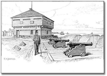 Blockhouse and Battery in Old Fort, Toronto, 1812, [ca. 1921] C. W. Jefferys Pen and ink drawing on paper 29.2 cm x 36.8 cm (11.5