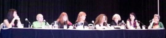 Women of Vampire Fiction at Dragoncon. Sherrilyn Kenyon, Chelsea Quinn Yarbro, Karen Taylor, Jeanne C. Stein, Laurell K. Hamilton, Faith Hunter, me, and Track Director and Moderator extraordinaire Carol Malcolm. Photo by Jennifer Morris of the Coastal Magic Convention. Would you trust these dangerous women?