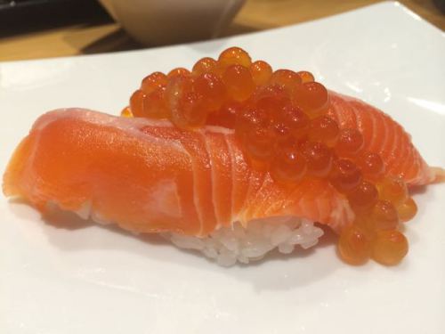 Trout nigiri and roe at Sushi Kaji.