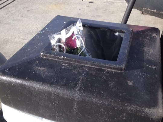 A bouquet of roses in a black trash can.