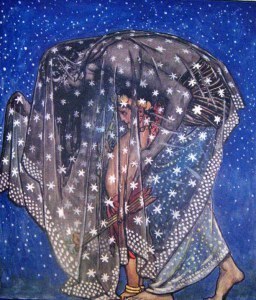Originally an illustration for a book of pseudo_Indian love poetry, this lovely illustration by Byam Shaw, 1914, captures something of Nuet and one of Her Holy Children