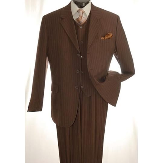 Brown pin-striped three-piece suit with buttons