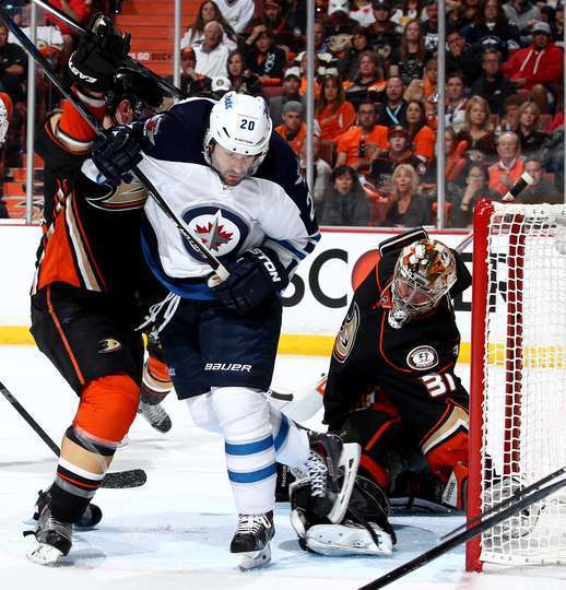 The Jets were all over Anaheim goalie Frederik Andersen.