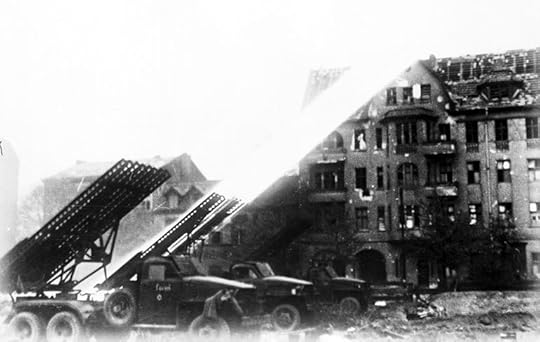 Soviet BM-13 Katyusha rocket launchers firing on Berlin, Germany, Apr 1945 (Russian Archives)