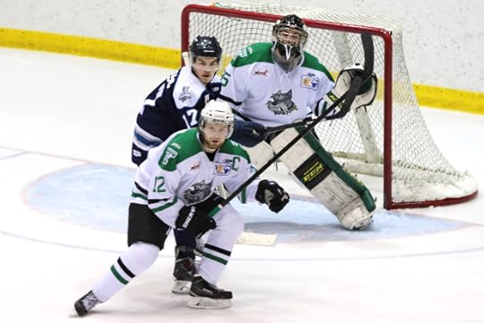 Tanner Jago and goalie Justin Laforest bar the door for Portage (Photo by James Carey Lauder)