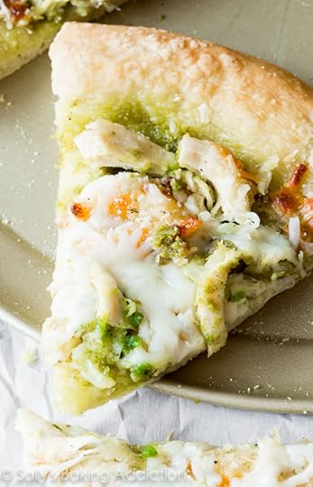 Roasted Garlic Chicken & Mozzarella Pizza with Homemade Basil Pesto on sallysbakingaddiction.com