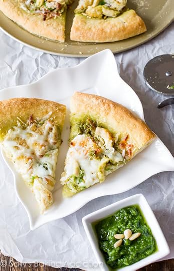 Roasted Garlic Chicken & Mozzarella Pizza with Homemade Basil Pesto on sallysbakingaddiction.com