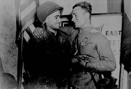 American 2nd Lt. William Robertson and Russian Lt. Alexander Sylvashko met near Torgau, Germany, 25 Apr 1945 (US National Archives)