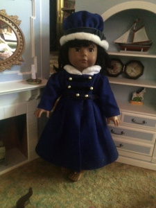 M��lanie's Laura doll in a blue pelisse just like the pelisse Laura Dudley wears in The Mayfair Affair