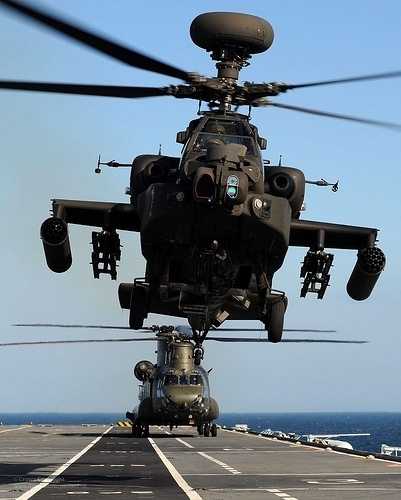 Army Air Corps Apache And RAF Chinook Helicopters Practice Deck Landingd Onboard HMS Illustrious