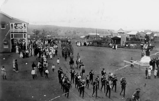 Unveiling the Murgon War Memorial on Anzac Day, 1920 Returned servicemen and a marching band form a procession along Lamb Street for the unveiling of the War Memorial on Anzac Day, 1920. John Oxley Library, State Library of Queensland. Public domain Wikimedia Commons.