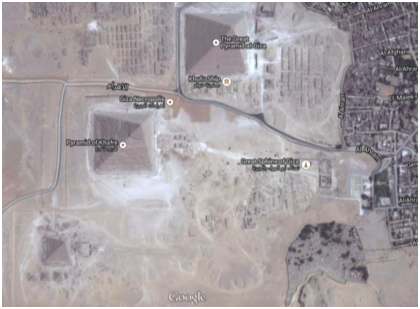 Figure 1B. Google Map image of the three great pyramids on the Giza Plateau. The Ancient Nile River occupied the right of the figure roughly where the present desert ends with the encroachment of Cairo city.